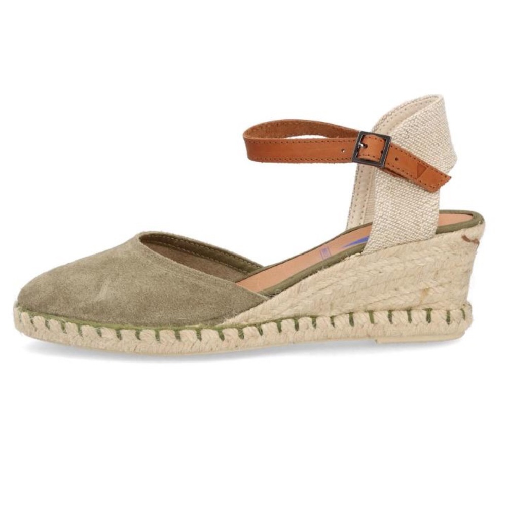 Tan Espadrille Shoes with Low Wedge Heel and Ankle Strap